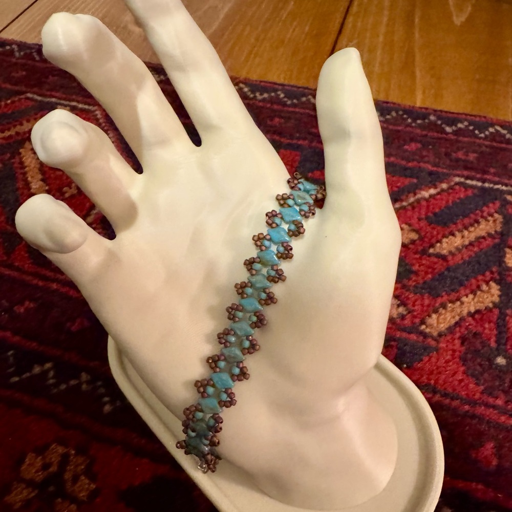 Artisan Beaded Bracelet | Turquoise & Bronze Seed Bead | Adjustable Boho